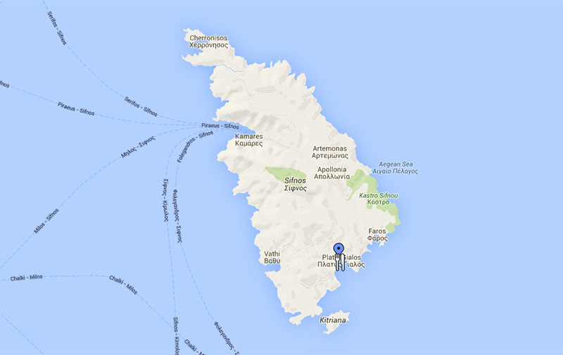 The location of Cyclades Beach on the map of Sifnos